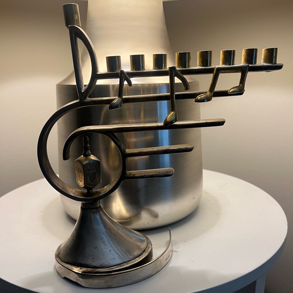 Vintage Brass & Silver Plated Menorah Musical Sankyo Music Box Treble Clef - Picture 10 of 10
